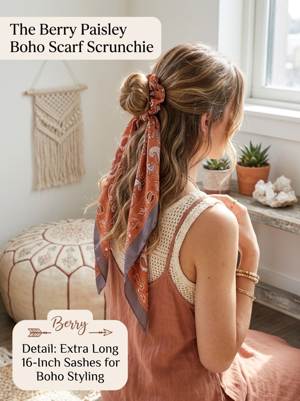 NWT Berry Rust Paisley Hair Scarf Scrunchie Ponytail Holder Bandana Bow Boho